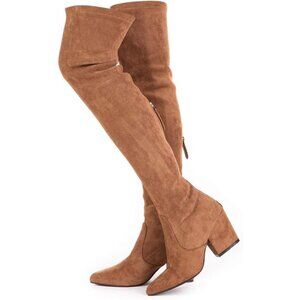 Women Brown 3"heel Over the Knee Thigh High Suede Block Long Pointed toe Boots